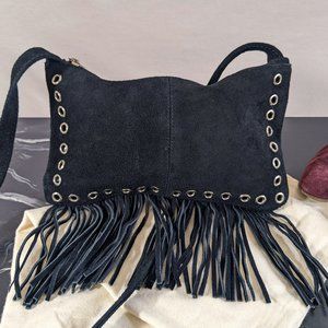 Black Suede Fringe Crossbody Purse with Grommets | Boho Biker Southwestern Style